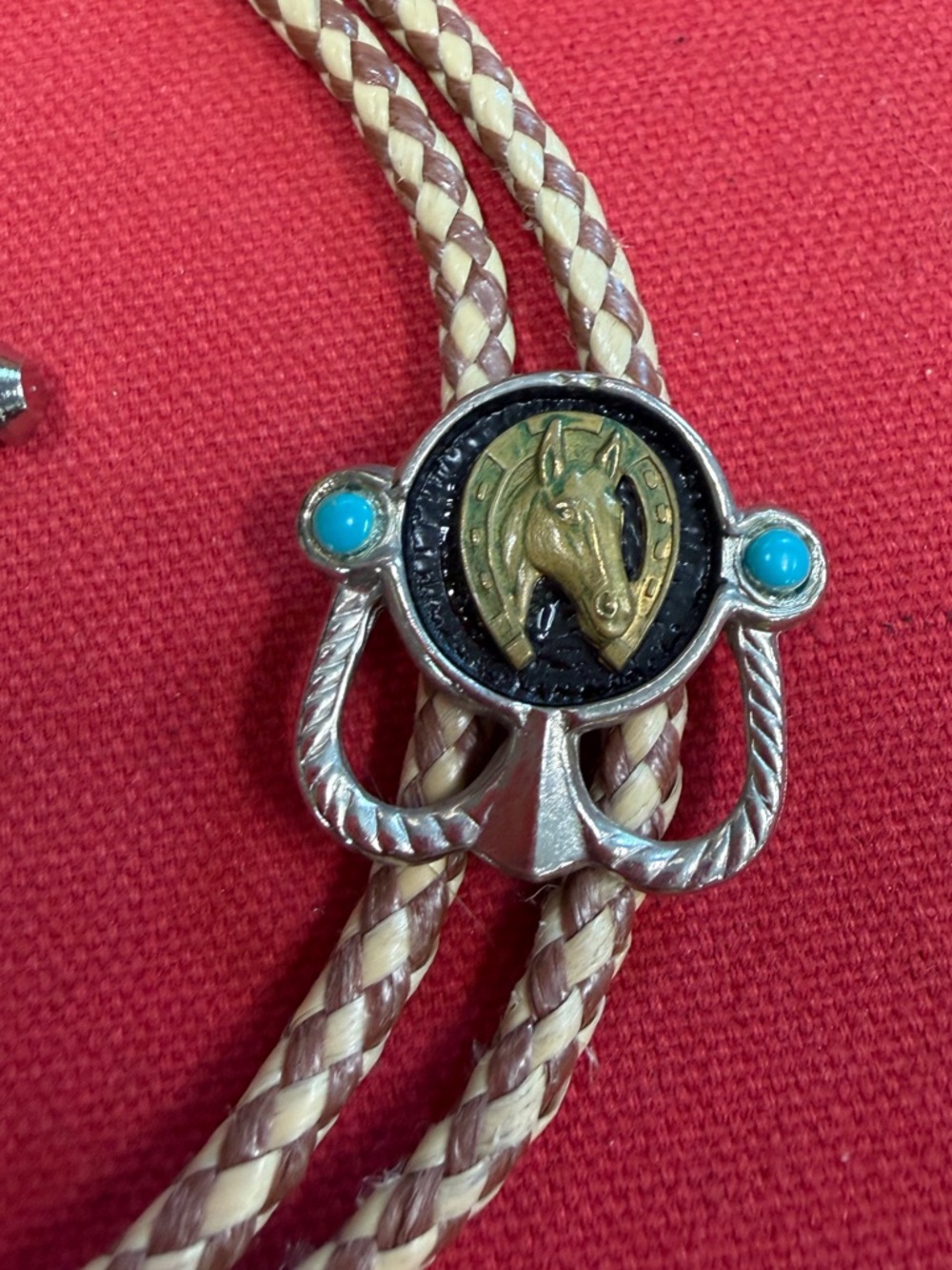 Bolo Tie Horse Horseshoe Faux Turquoise Tan with Beige Twisted Cord Western